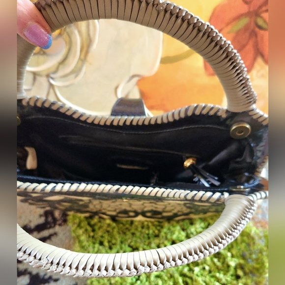 YVETTE FLORO Eclectic ART DECO Checkerboard Black Patent Woven Cream   Handbag - Picture 3 of 7